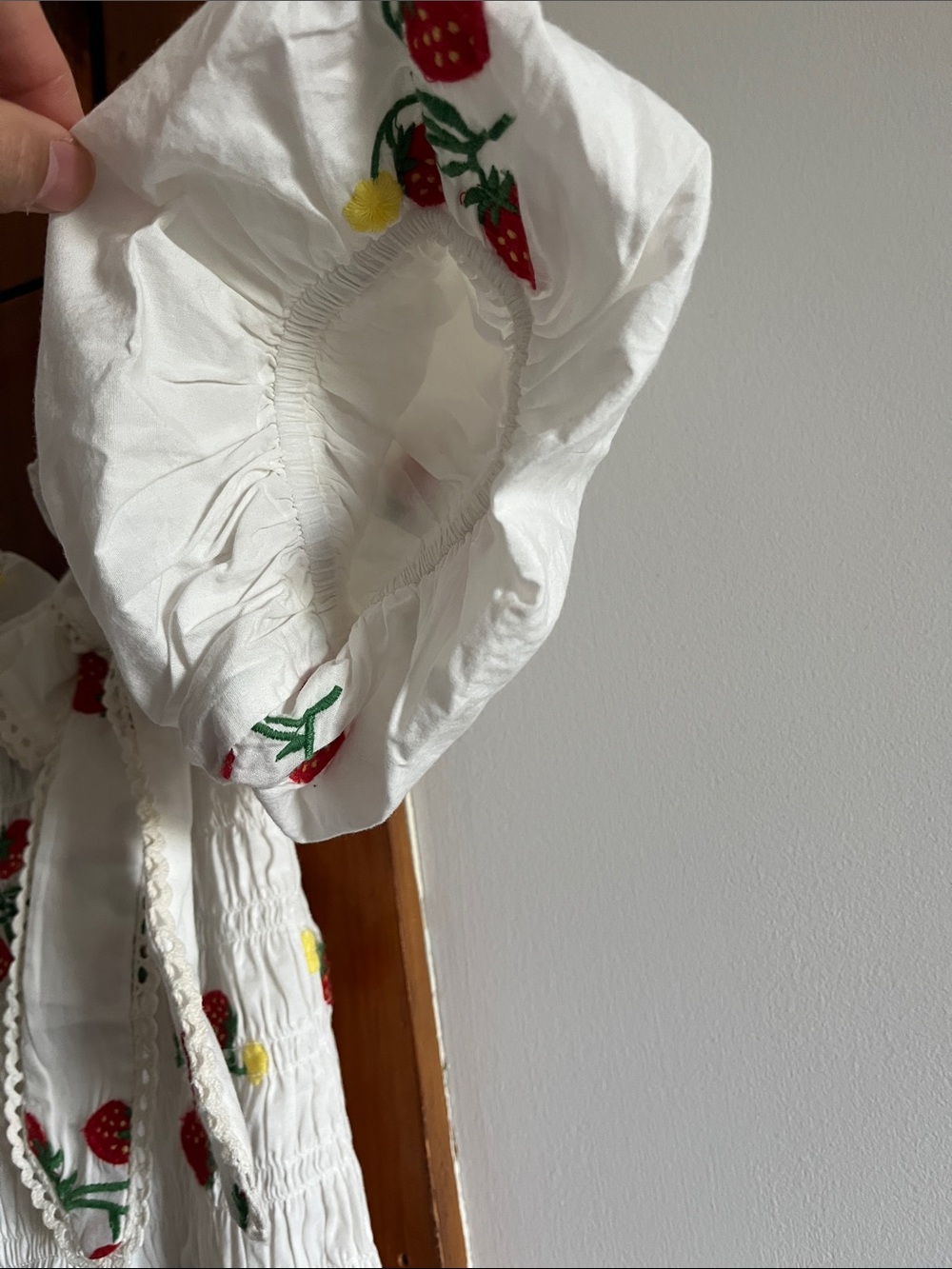 Damson Madder White Strawberry Embroidery Midi Dress with Puff Sleeves - Picture 9 of 16